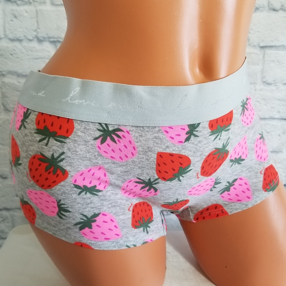 PINK Victoria's Secret Red Strawberry Fruit Logo Boyshort Panty Medium New